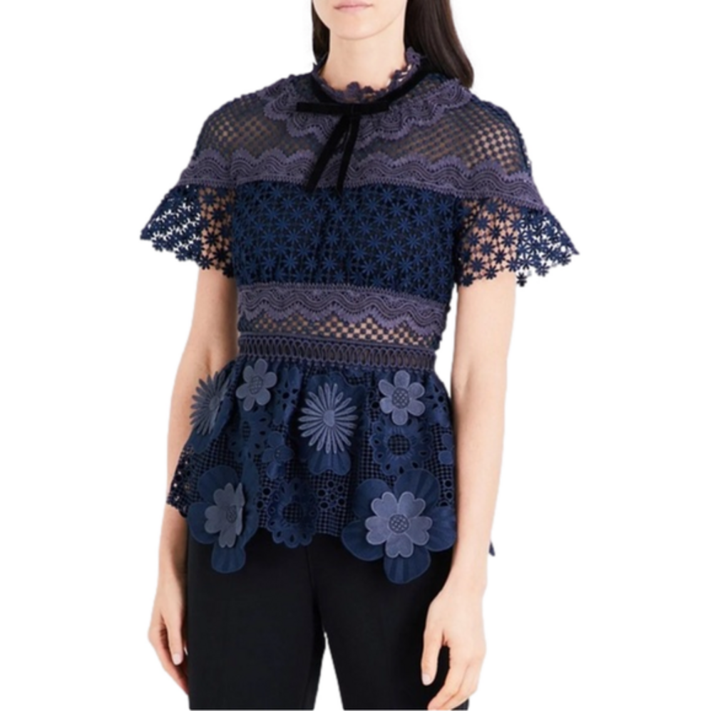 Self-Portrait 3d Floral Guipure Lace Top in Blue Size 4